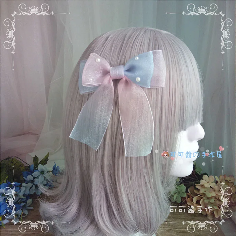 

1 pc Handmade diy oversized bow side clip hair accessories Japanese girl rainbow yarn headdress duckbill clip lolita