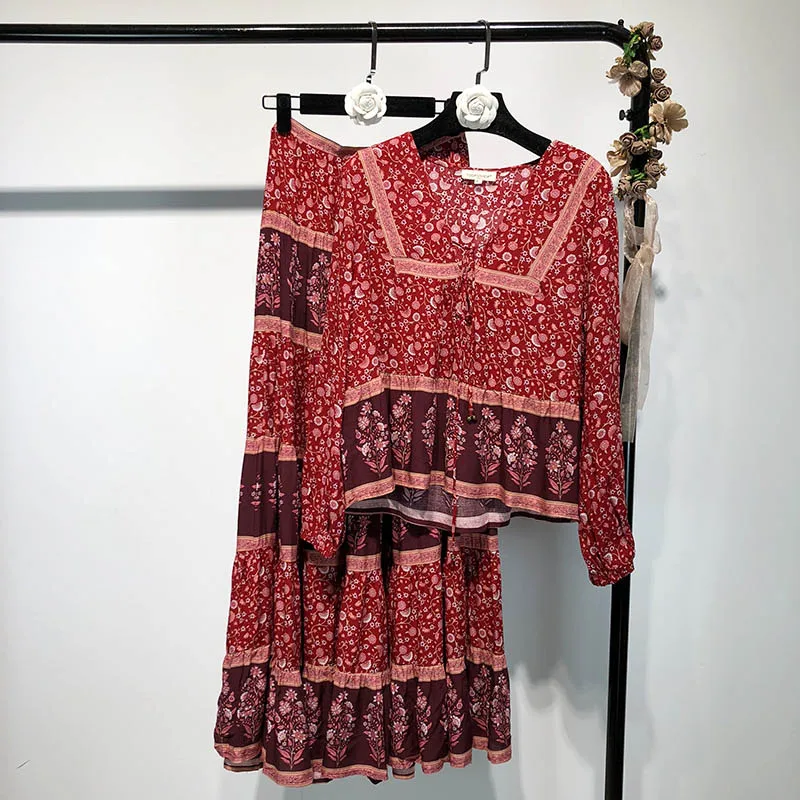 set-red Весенне-летний хлопковый праздничный ретро повседневный Цыганский, Богемия, богемный комплект из двух предметов, красные цветочные испанские плиссированные макси юбки для женщин - Цвет: set-red