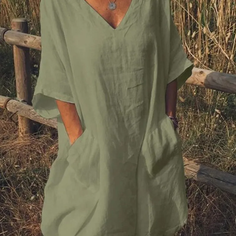 2019 summer new large size women's dresses pure color casual V-neck five-point sleeve double pocket | Женская одежда