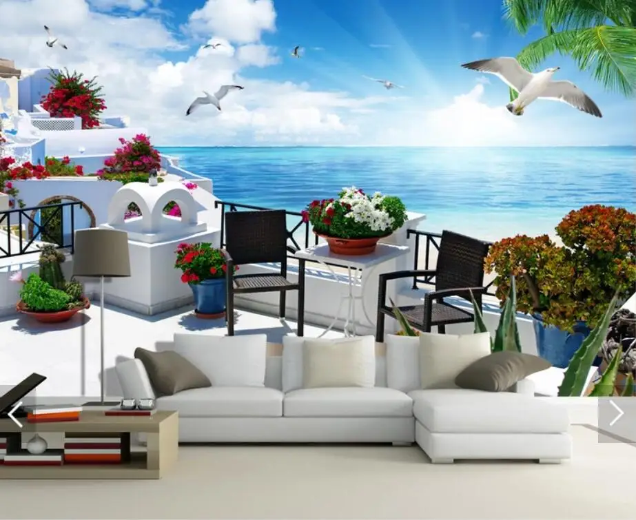 

3D Custom Photo Modern Greece Aegean Sea Bird Landscape Mural Wallpaper Roll Wall Decor TV Background Living Room Canvas