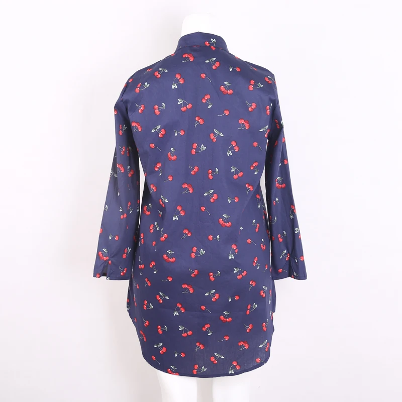 azouari 2017 autumn new XL XXL 3XL 4XL 5XL blue cherry pattern long section washed cotton fashion cut Plus size women's shirt |