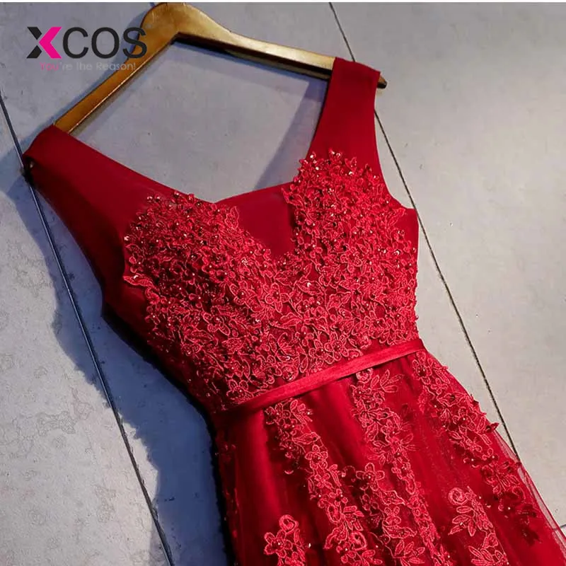 XCOS vestido de festa V образным вырезом красное винтажное кружево с аппликацией и бисером