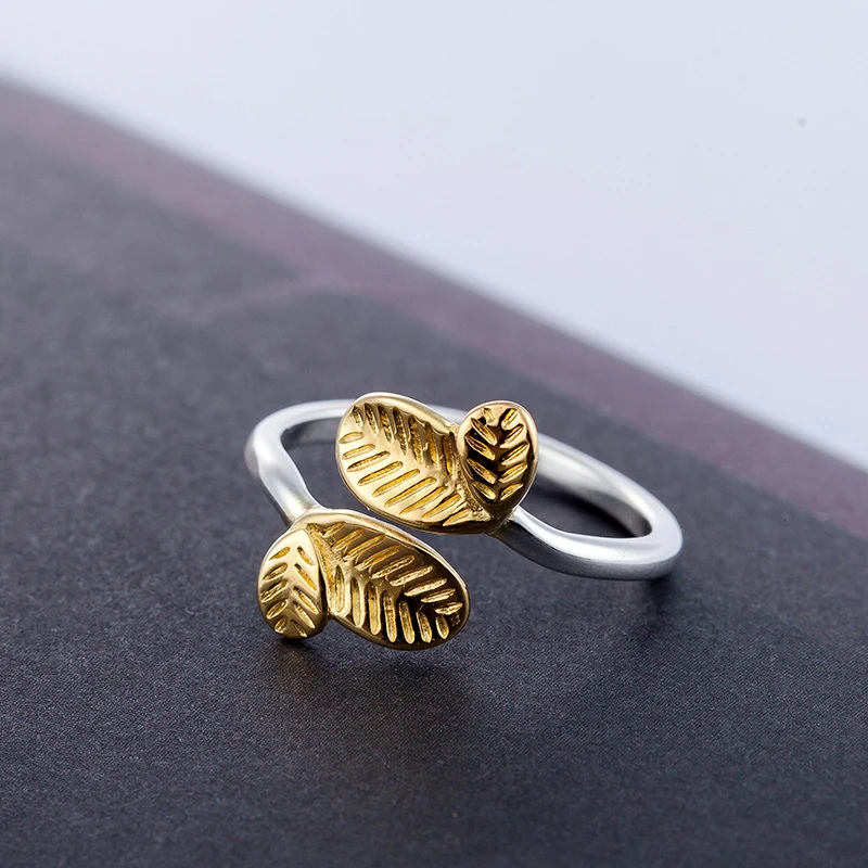 

MEYRROYU 925 Sterling Silver Ladies Fashion Temperament Jewelry Gold Color Leaf Open Ring Engagement Party Gift 2021 Wholesale