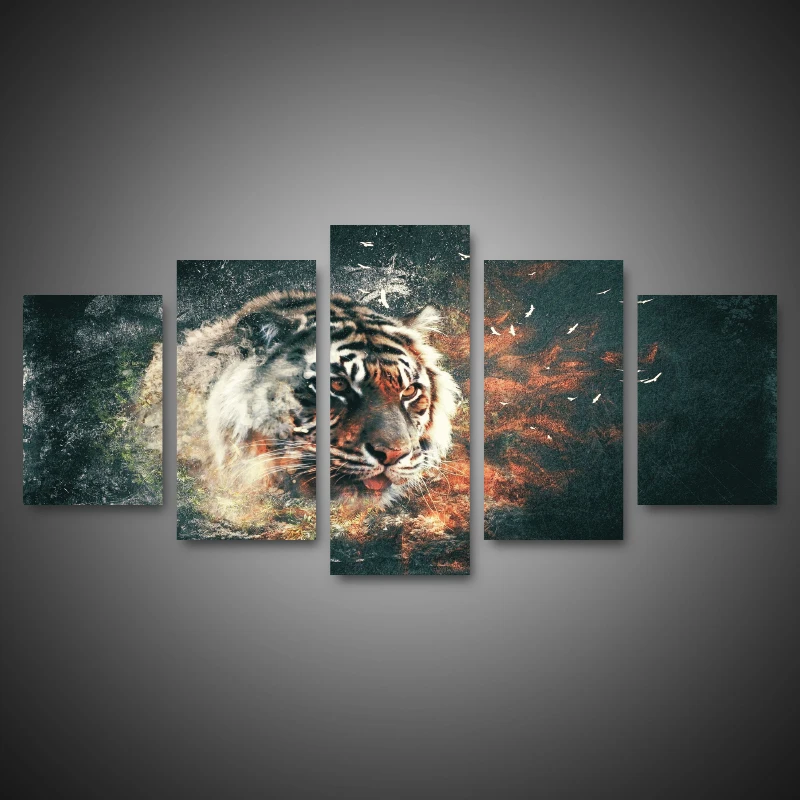 

QK художественные рисунки на холсте, декоративные 5 штук, голова тигра, животные, модульный Настенный декор