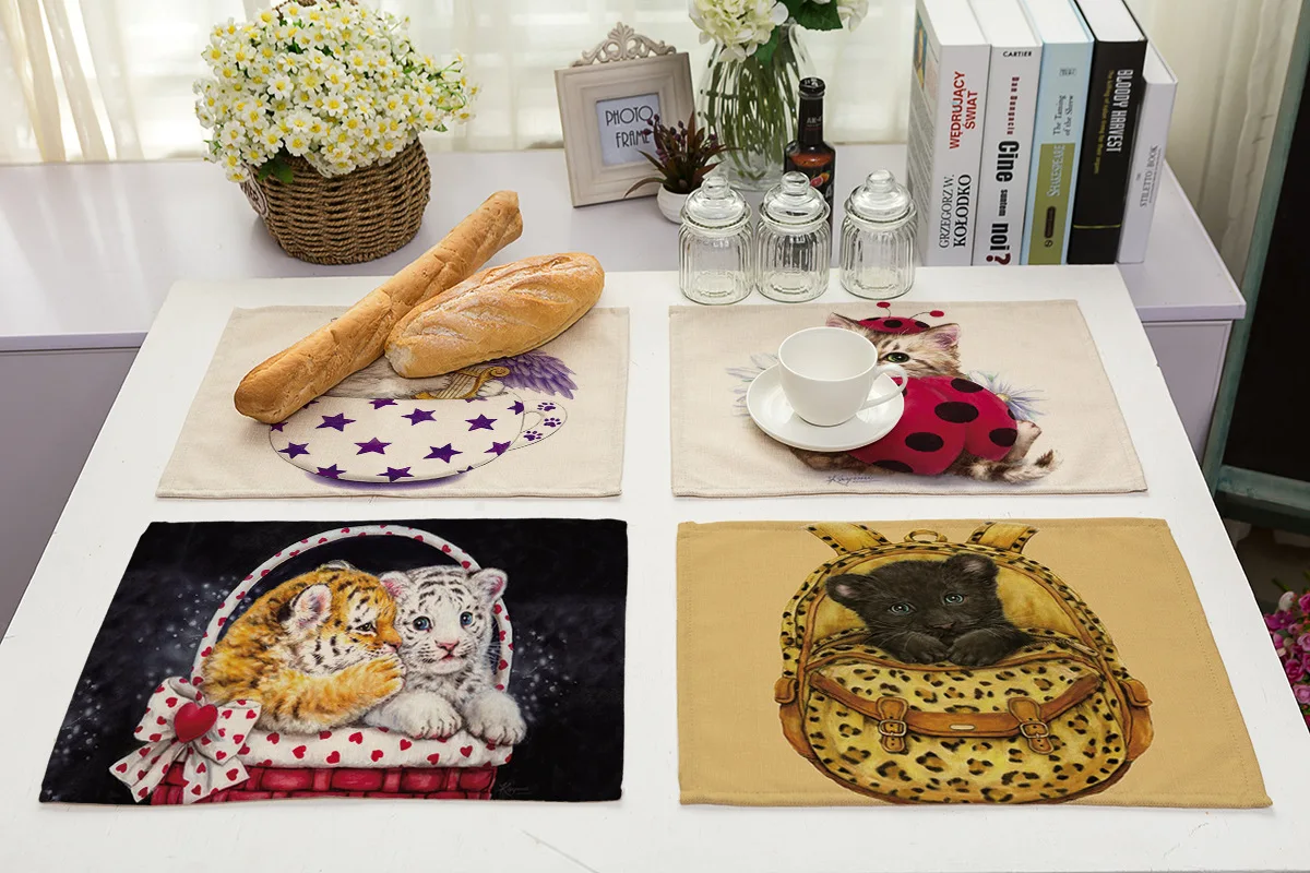 Мультфильм животных живопись милые кошки placemate скандинавский дом хлопок, лен, настольные Коврики для обеденного стола кухонные украшения Аксессуары