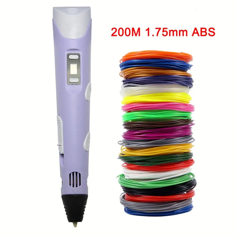 purple 200m 3D Ручка, регулируемая скорость, температура, 3D Ручка для печати, 1,75 мм, ABS, умная 3d Ручка для рисования с нитью, светодиодный дисплей, для детских игрушек, подарки - Цвет: purple 200m