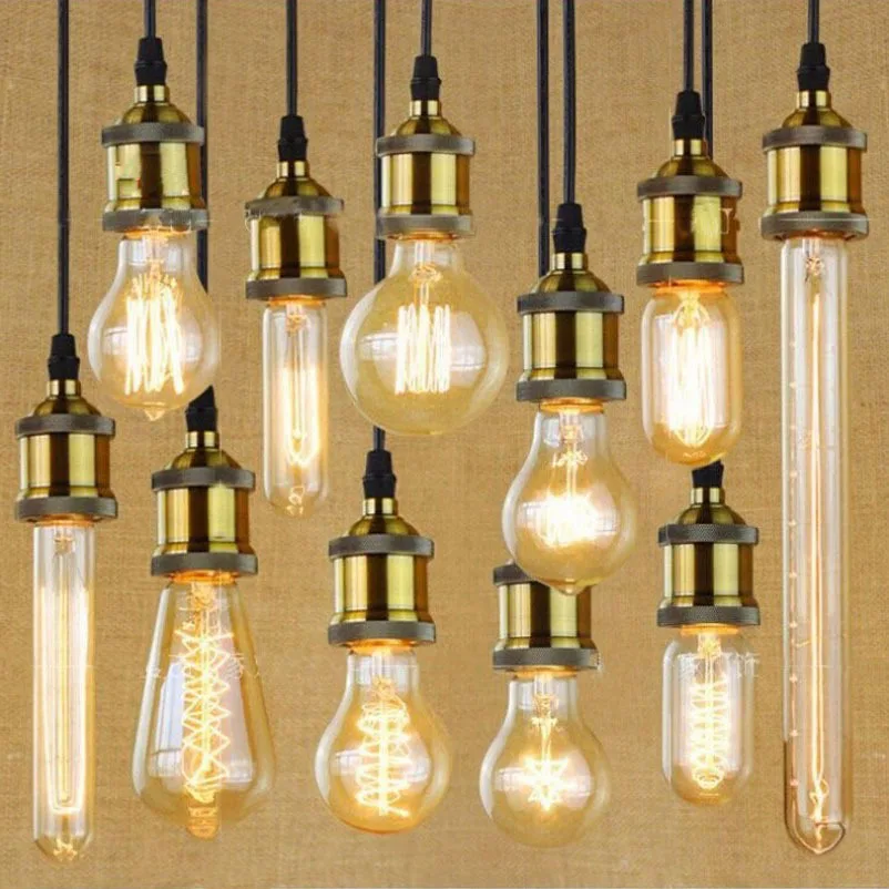 E27 40 Вт Винтаж освещения Вольфрам нити Edison ЛАМПЫ мяч теплый желтый цвет/держатель