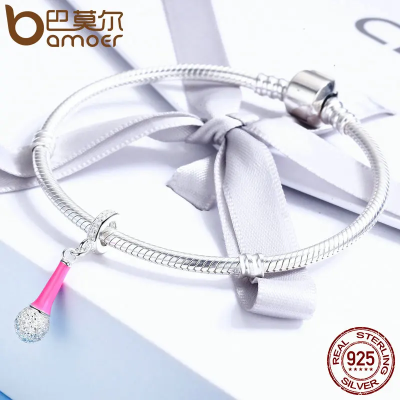 BAMOER, натуральная 925 пробы, серебряный, я люблю пение, микрофон, прозрачный, CZ, подвеска, шарм, подходит для женщин, браслет, сделай сам, бусины, ювелирное изделие SCC440