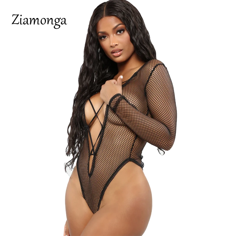 Ziamonga Black Hollow Sexy Bodysuit Women Rompers Bodycon Jumpsuit Long Sleeve Mesh Sheer See Through Lace Up |