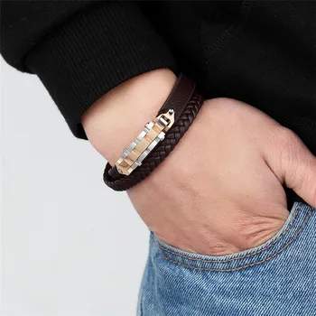 Toggle-clasps Combination Stainless Steel Genuine Leather Bracelet 4