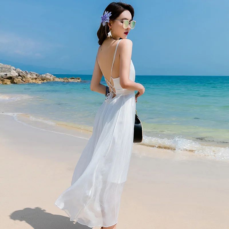 Летнее платье женское длинное белое Бохо шелковое с открытой спиной Vestidos
