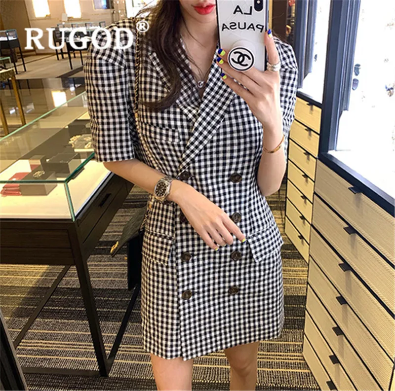 RUGOD летнее женское платье двубортное с пышными рукавами 2019 отворотом на талии
