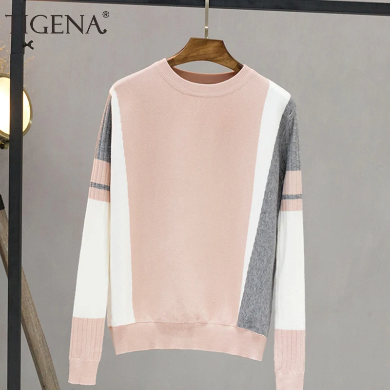 

TIGENA Contrast Color Pullover Sweater Women 2020 Fall Winter Long Sleeve Knit Jumper Sweater Female Black Pink Knitwear Clothes