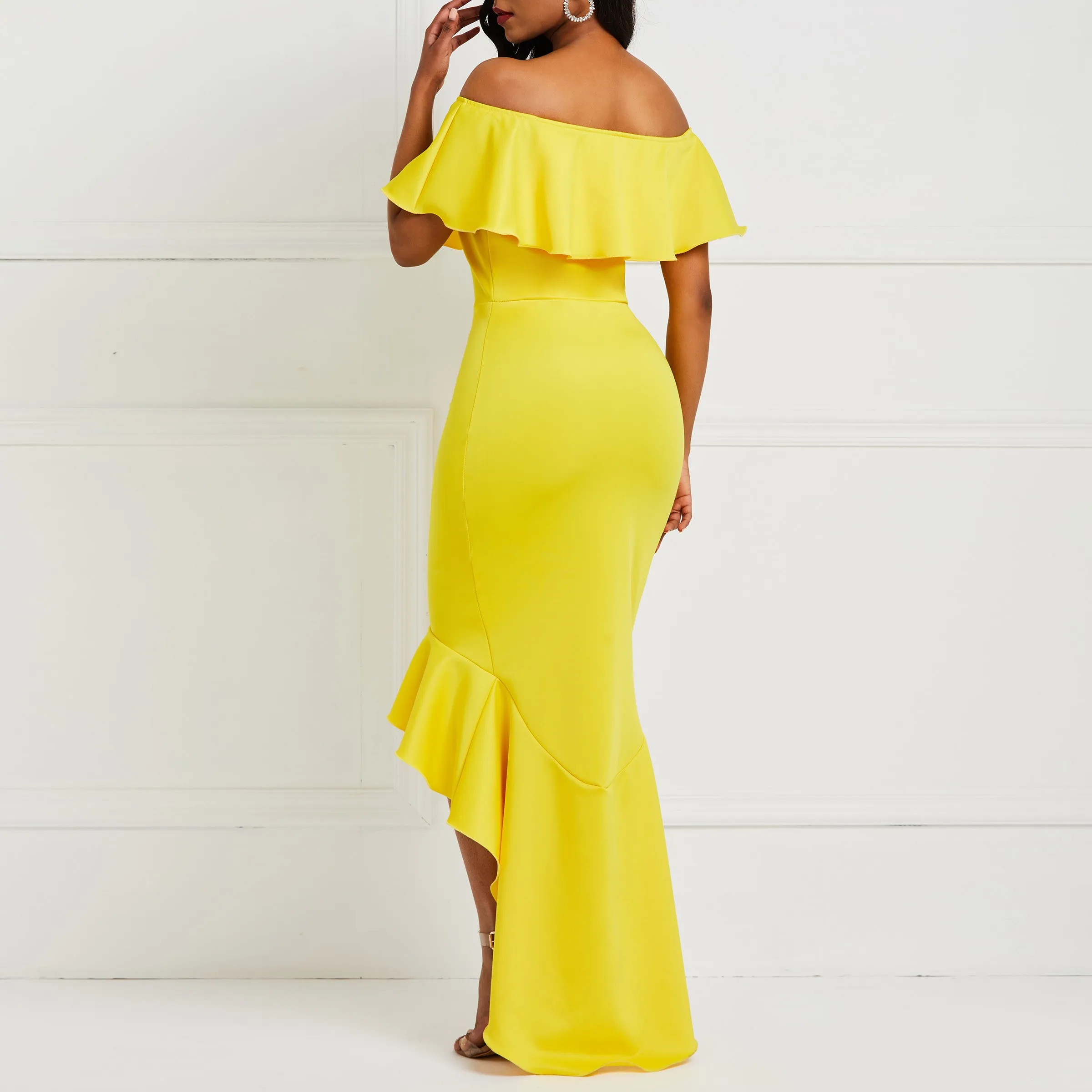 Сексуальное элегантное вечернее платье Макси женское пляжное желтое с оборками