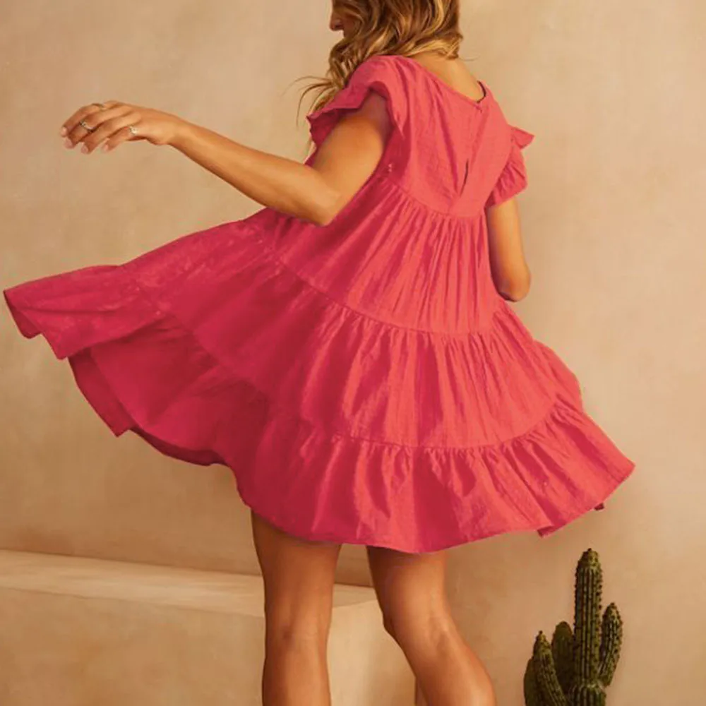 Женское свободное платье с круглым вырезом и рукавами бабочками повседневное