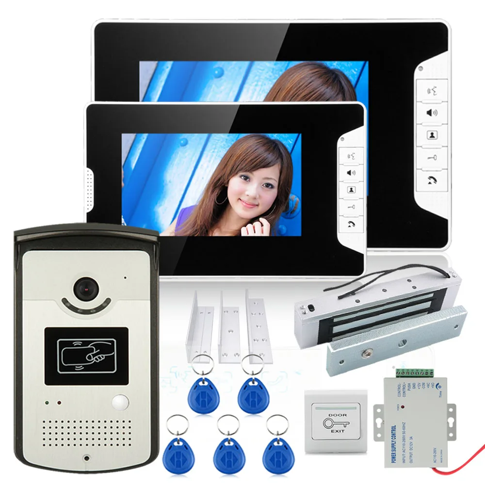 

7" Color Video Door Phone Intercom System With 2 Monitor 1 RFID HD Doorbell 1000TVL Camera +Electric Magnetic Door Lock 180KG