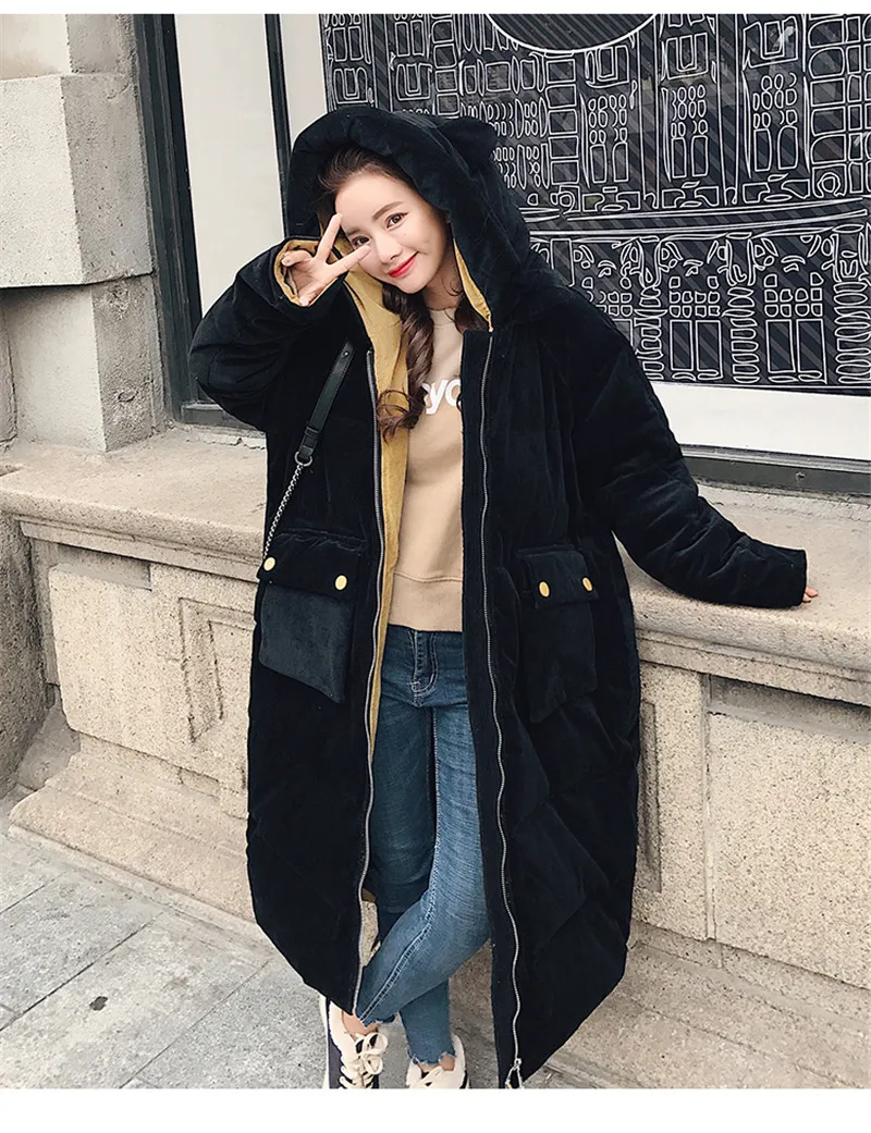 Вельветовая хлопковая зимняя куртка женская манто Femme Hiver с капюшоном теплая длинная Парка женская большие карманы зимнее пальто женская верхняя одежда C4036
