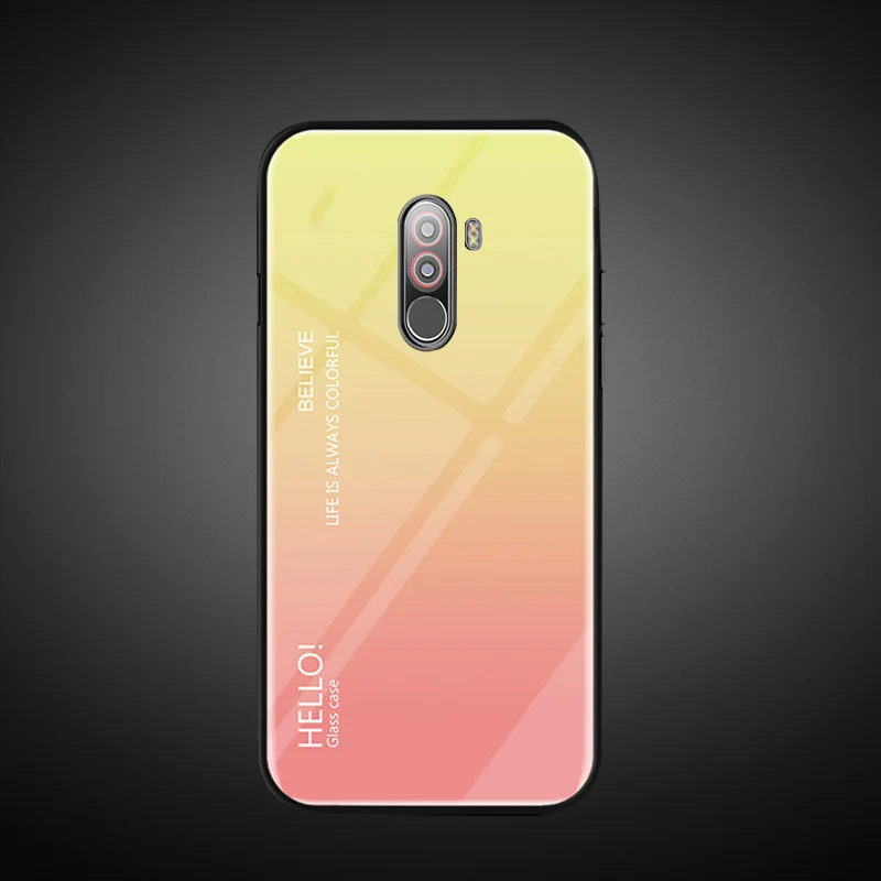 Цвет: желтый Роскошный Жесткий Чехол для Pocophone F1, чехол из закаленного стекла, силиконовая рамка, модный градиентный защитный чехол для Xiaomi Pocophone F1 - Цвет: Цвет: желтый