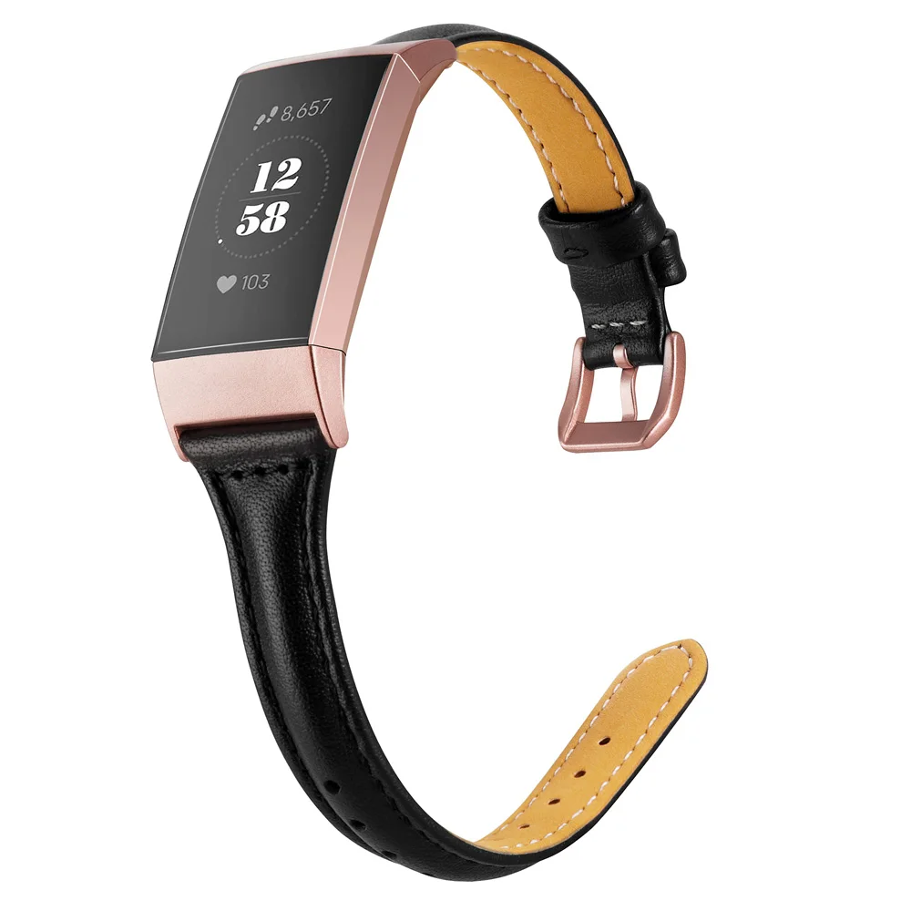 Black Умный Браслет ремешок для Fitbit Charge 3 из натуральной кожи ремешок браслет розовое золото адаптер застежка для Fitbit Charge 3/Charge 3 SE - Цвет ремешка: Black