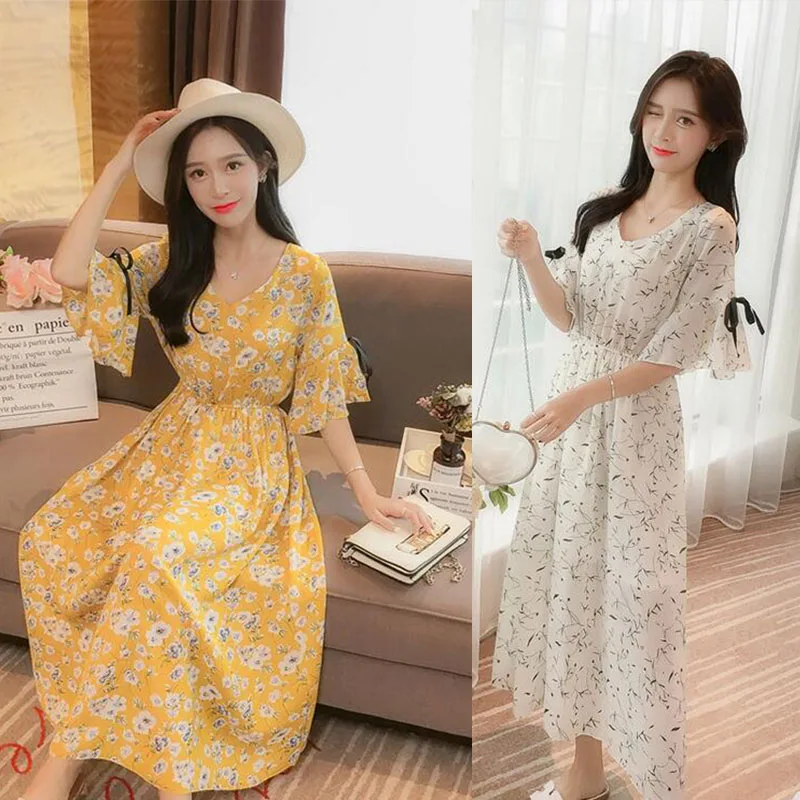 Женское шифоновое платье с цветочным принтом летнее свободное большого размера