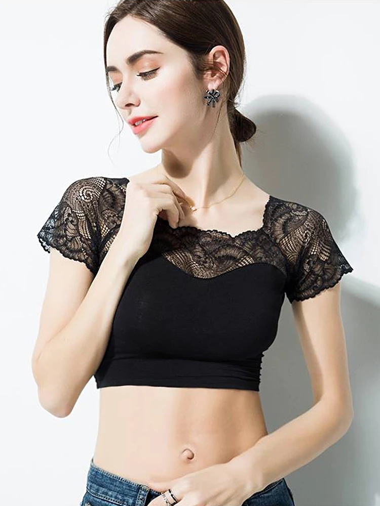 Женский укороченный топ с бюстгальтером кружевной открытыми плечами и коротким