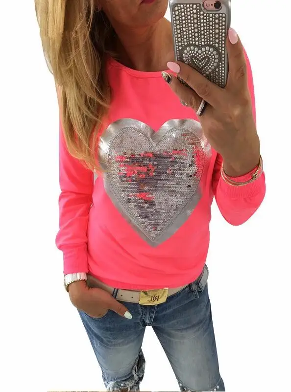 Women's 2017 Lovely Sequined Heart Pullovers O-neck Long Sleeve Sweatshirts Lady Tracksuits Tops S-5XL Женская одежда