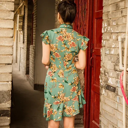 Летнее платье женское классический элегантный Cheongsam китайский стиль короткий