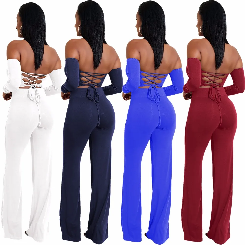 

Solid Off Shoulder Top Back Lace Up Top With Pants Women 2 Pieces Set