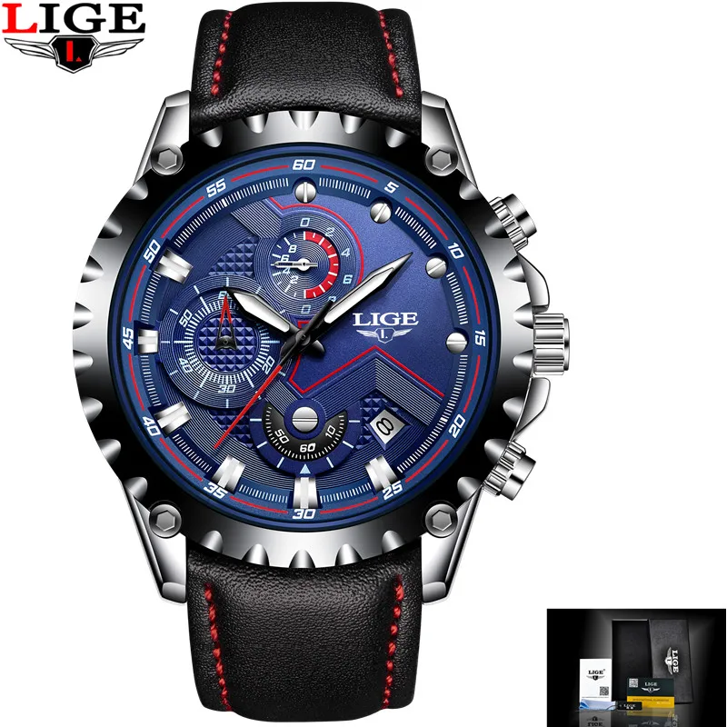Leather blue LIGE Брендовые мужские модные часы мужские спортивные водонепроницаемые кварцевые часы мужские полностью стальные военные часы наручные часы Relogio Masculino - Цвет: Leather blue