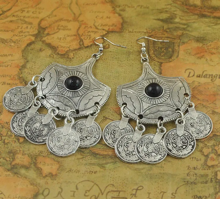 Античное серебро Турецкая монета висячие серьги секторный дизайн бохо цыганский