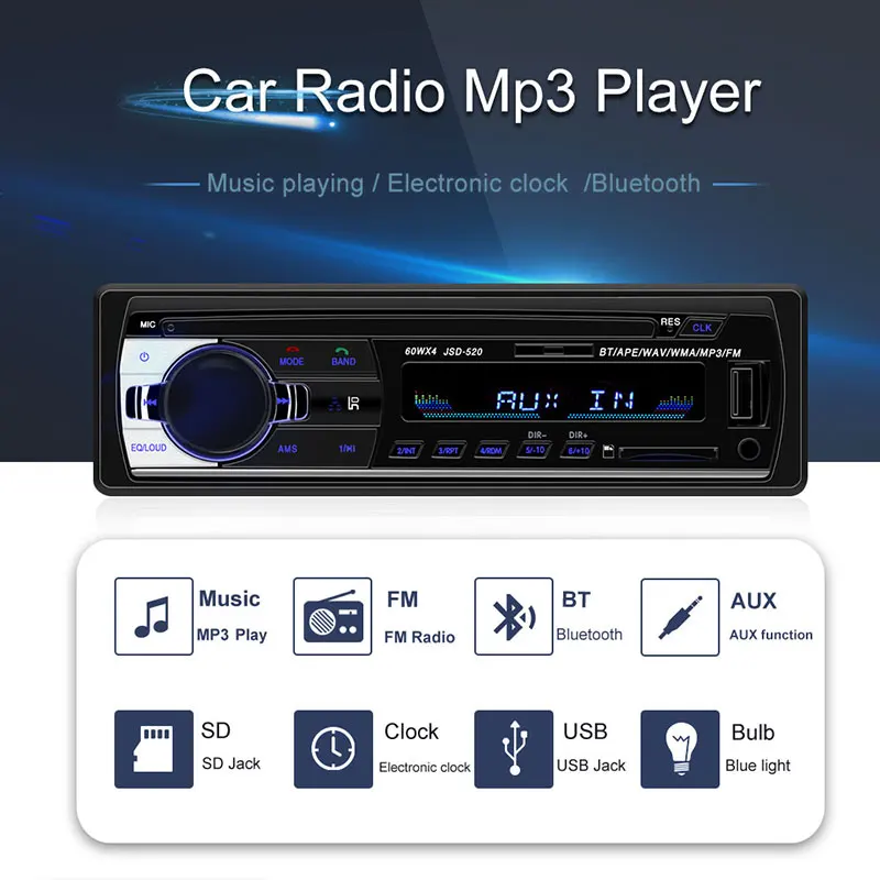 Авто радио автомобиля 12V Bluetooth V2.0 JSD520 стерео в тире 1 Din FM Aux Вход приемник SD USB MP3 MMC