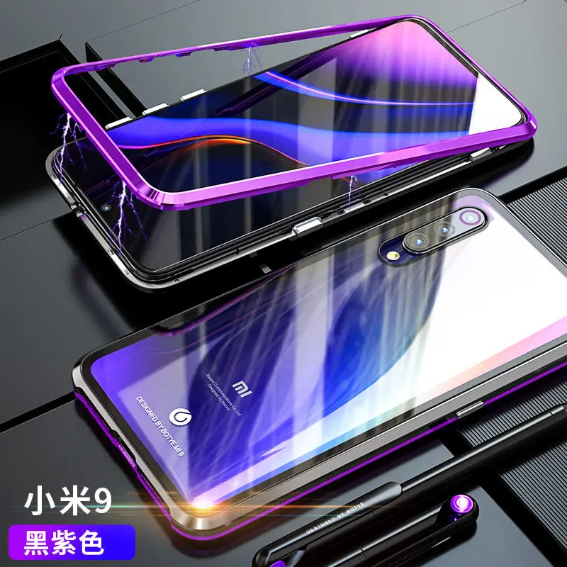Магнето Магнитная адсорбции металлический корпус для Xiaomi mi 9 случаях прозрачное бесцветное стекло Обложка Для Сяо mi 9 чехол+ гидрогель фильм mi 9 - Цвет: purple-black