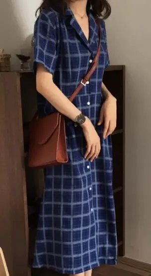image color Корейское женское летнее синее длинное платье-рубашка в клетку с пуговицами Vestidos с поясом размера плюс, женская повседневная одежда Kleider Damen - Цвет: image color