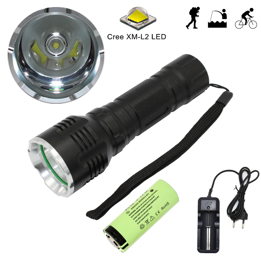 

Portable Lantern XM-L2 U2 1200LM LED Flashlight Aluminum Torch 5 Mode Light for Outdoor Lighting + 26650 Battery + Charger