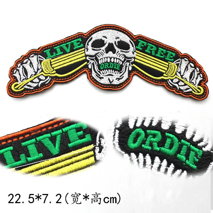 

Embroidery Motorcycle MC Biker Patches Skull gun "Live free" Ride free Patches IRON- ON Back on PU leathe for vest Jackets