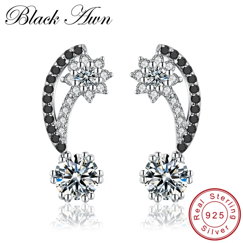 

[BLACK AWN] 3.3g 925 Sterling Silver Jewelry Black Spinel Flower Cute Engagement Stud Earrings for Women T103