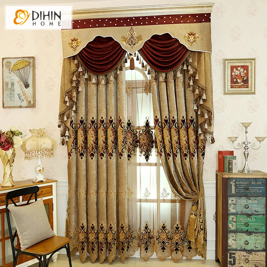 

DIHIN HOME European High grade Delicate Embroidered Thick Fabric Valance Curtain Custom Made Bedroom Cotton Fabric Cortinas