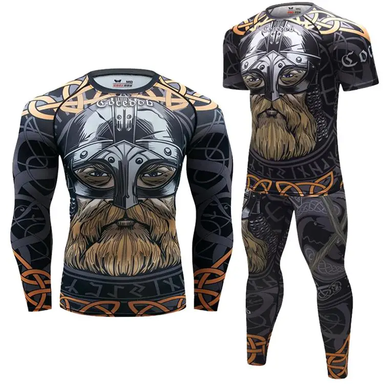 Брендовый мужской спортивный костюм с 3D принтами, облегающий спортивный костюм для мужчин, MMA Рашгард, бодибилдинг, топ для фитнеса, спортивный комплект - Цвет: 15