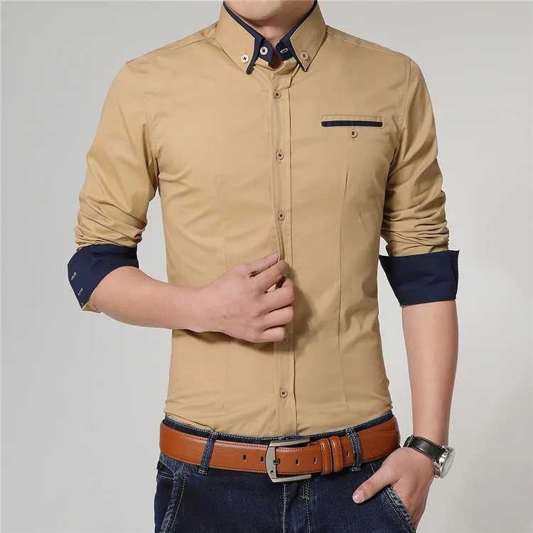 Khaki ERIDANUS, мужские рубашки, Осенние, новые, модные, чистый цвет, мужские, длинный рукав, хлопок, облегающие, для отдыха, стили, деловые рубашки M432 - Цвет: Khaki