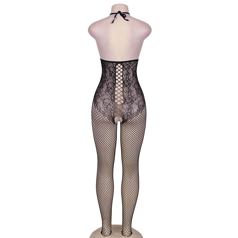 Черное ажурное нижнее белье с лямкой на шее открытая промежность большие размеры