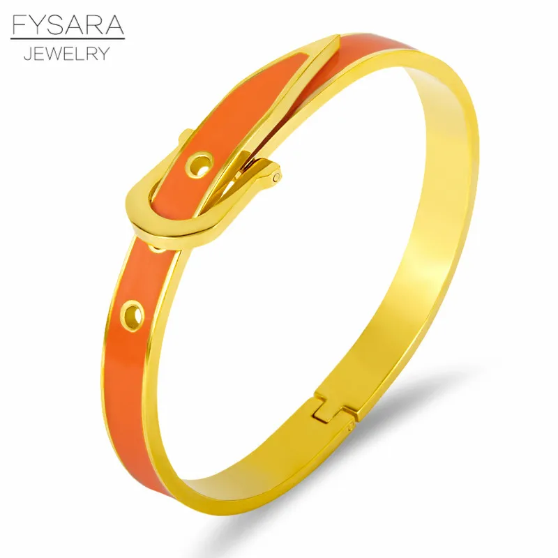 Gold orange FYSARA любовные Браслеты и браслеты для женщин и мужчин с пряжкой на ремне, эмалевые браслеты из нержавеющей стали, классические ювелирные изделия - Окраска металла: Gold orange