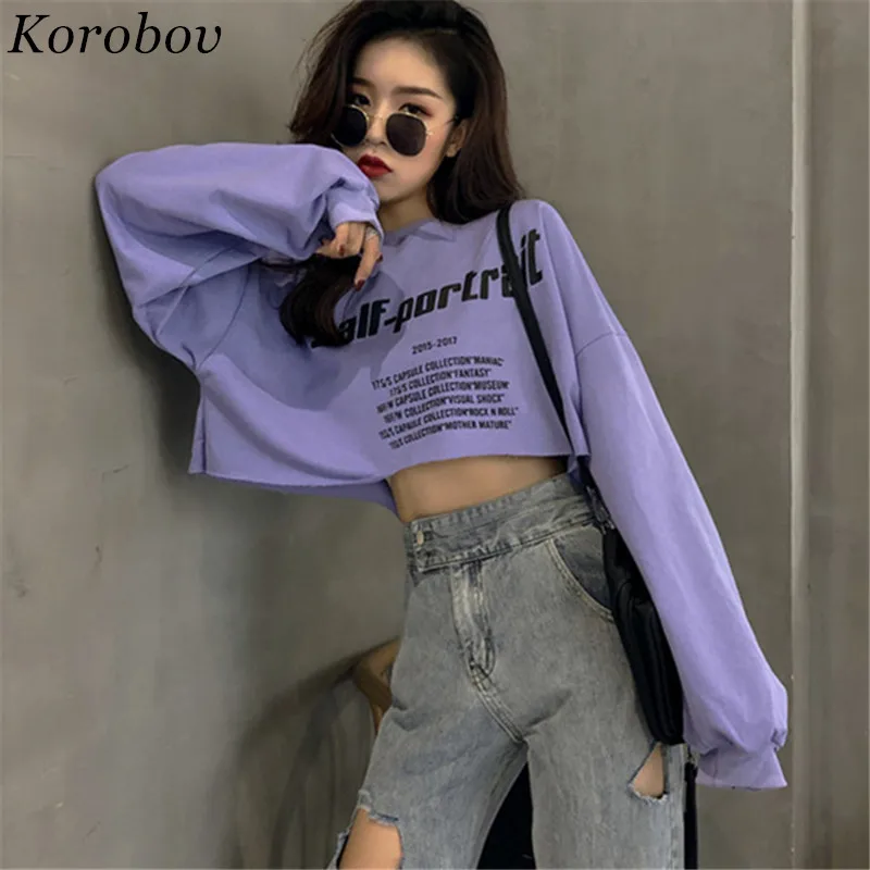 Korobov Chic Auttum женские толстовки с длинным рукавом Harakuju толстовка с капюшоном свободная с буквенным принтом короткий пуловер Топы 75811