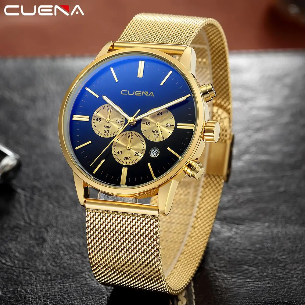 CUENA Watches Men Mesh Luxury Brand Strap Business Stainless Steel Watch Men's Quartz Multi-function Wrist | Наручные часы