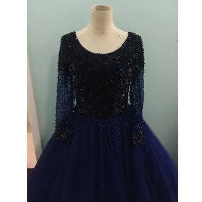 Navy Blue Vestidos de айва anos сладкий 16 бальное платье с длинным рукавом вышито бисером с блестками Бальные платья Quinceanera платья платье для выпускного вечера для девочек - Цвет: Navy Blue