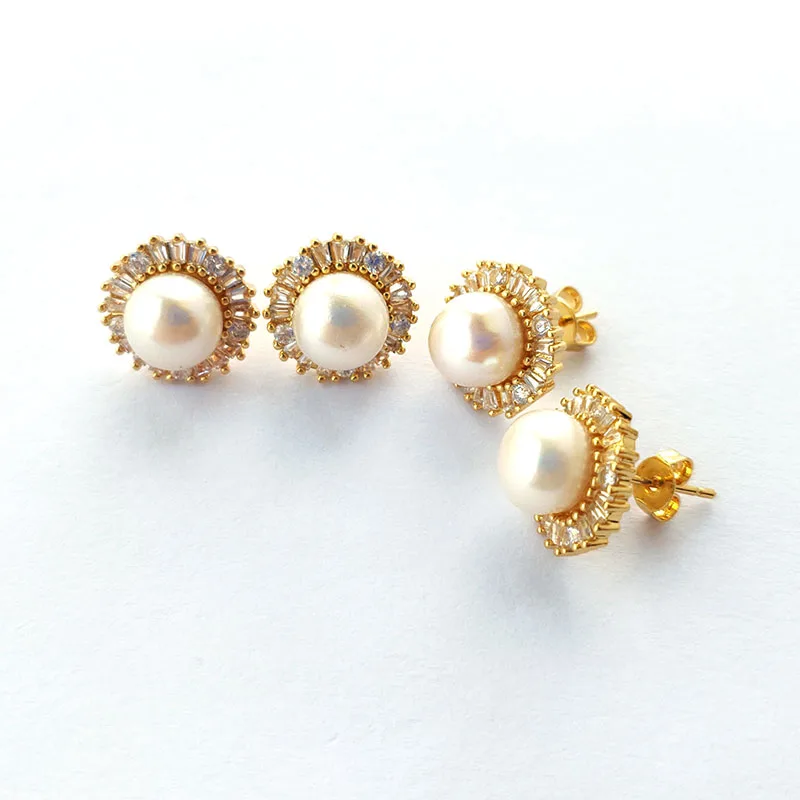 

8Pairs Gold Color round Micro Pave CZ stud earrings,Nature Pearl earring for women party gift jewelry ER934