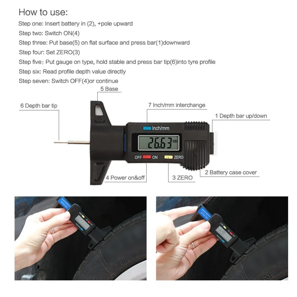 

Digital Tire Tread Depth Gauge Meter Measurer for Cars Trucks and SUV, 0-25.4mm