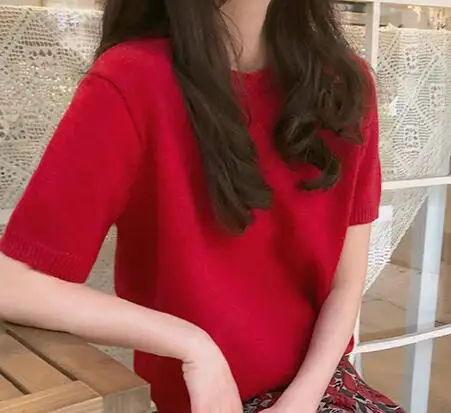 red top Вишневый красный трикотажная футболка для женщин Kawaii весна короткий рукав Футболка Femme Chemisier Camiseta Feminina Camisa Mujer - Цвет: red top