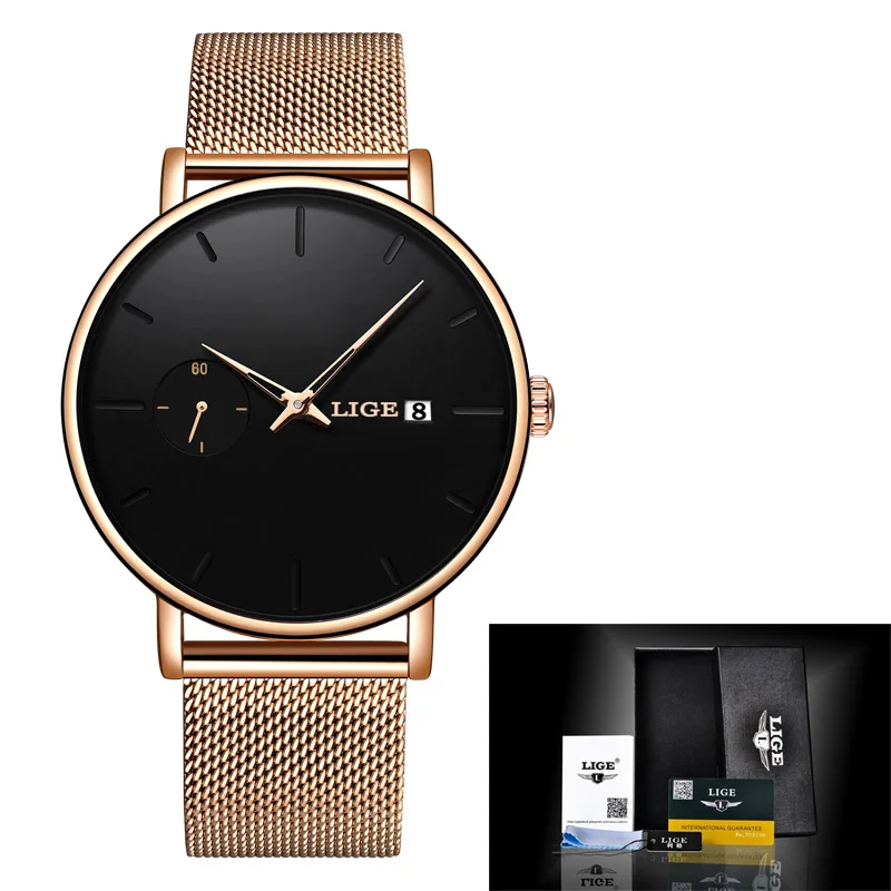Rose gold black LIGE часы для женщин и мужчин часы лучший бренд класса люкс Известный платье модные часы унисекс Ультра тонкие наручные часы Relojes Para Hombre - Цвет: Rose gold black