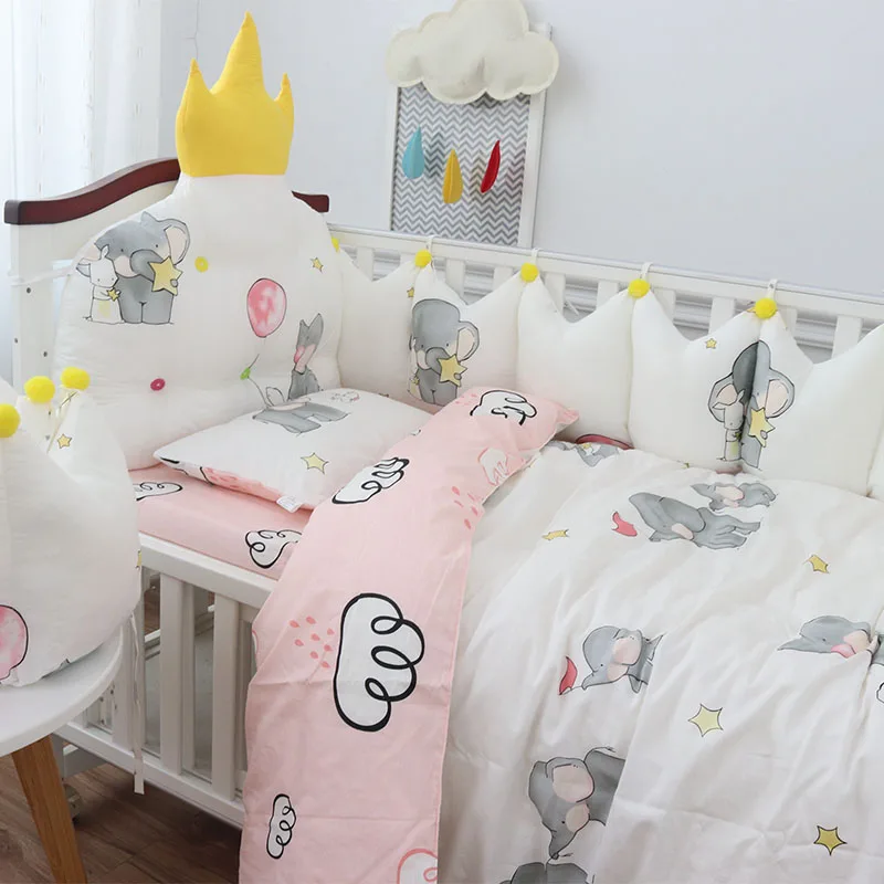 

Quality Cotton Crib Bedding Set 9pcs Baby Bedding for Cot Multi Sizes Baby Bed Set Include Crown Bumpers Quilt Pillow Sheet