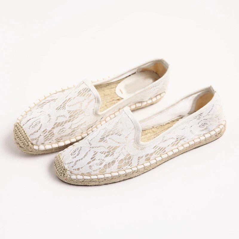 Fashion Ethnic Casual Espadrilles Black lace White Flat New Women Spring Printed Embroider Slip on Fishermen Hemp Rope Shoes | Обувь